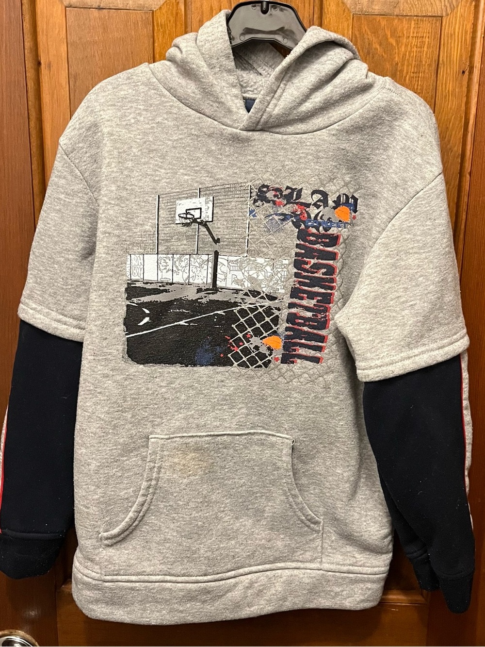 Bugle Boy Grey Hoodie with Navy Layered Sleeves and Graphic